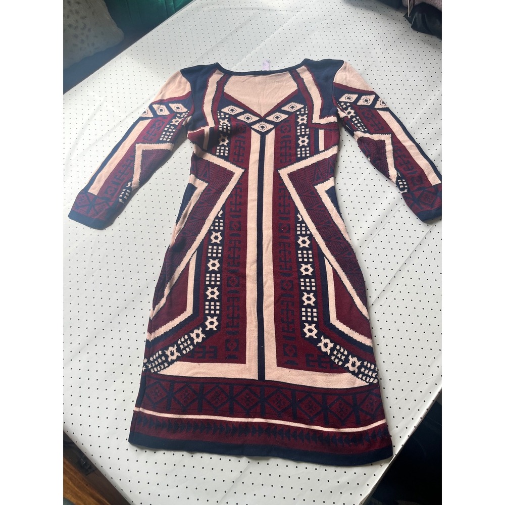 Alya Womens Geometric Intarsia Knit Long Sleeve Sweater Dress Burgundy Navy S - Picture 8 of 8